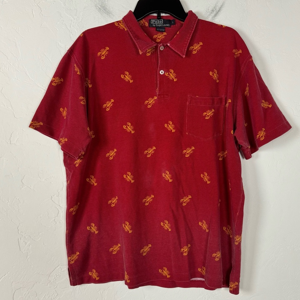 VTG 90s Polo Ralph Lauren Polo Shirt‎ Knit Top Red Yellow Lobster Print Pocket